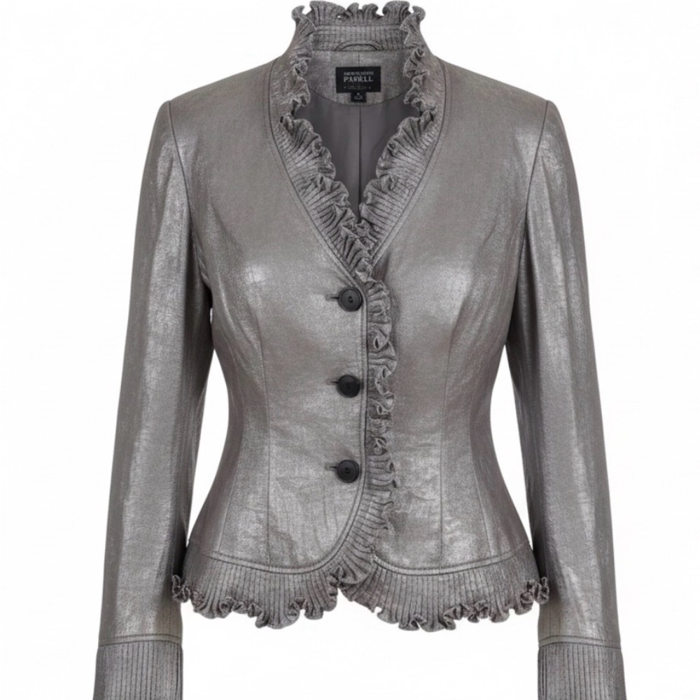 Adrianna Papell metallic grey ruffle-collar blazer jacket